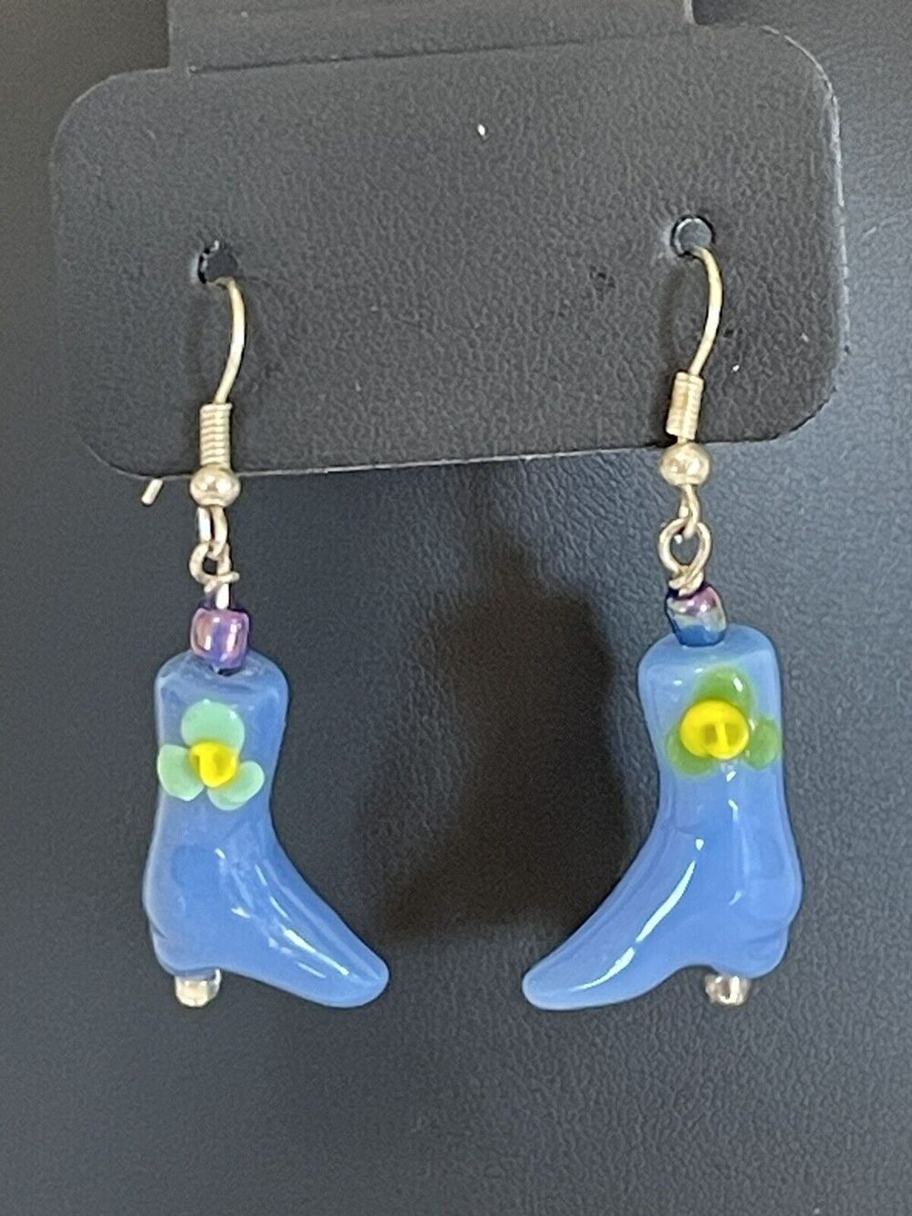Glass Boot Dangle Earrings Blue High Heel Boot Yellow Flower